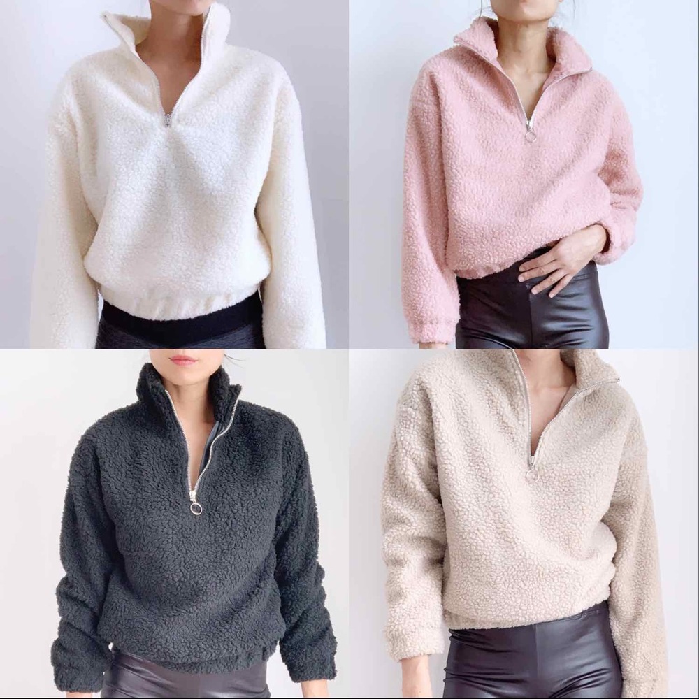TEDDY SHEARLING QUARTER ZIP SWEATER - BLUSH - Picture 5 of 6